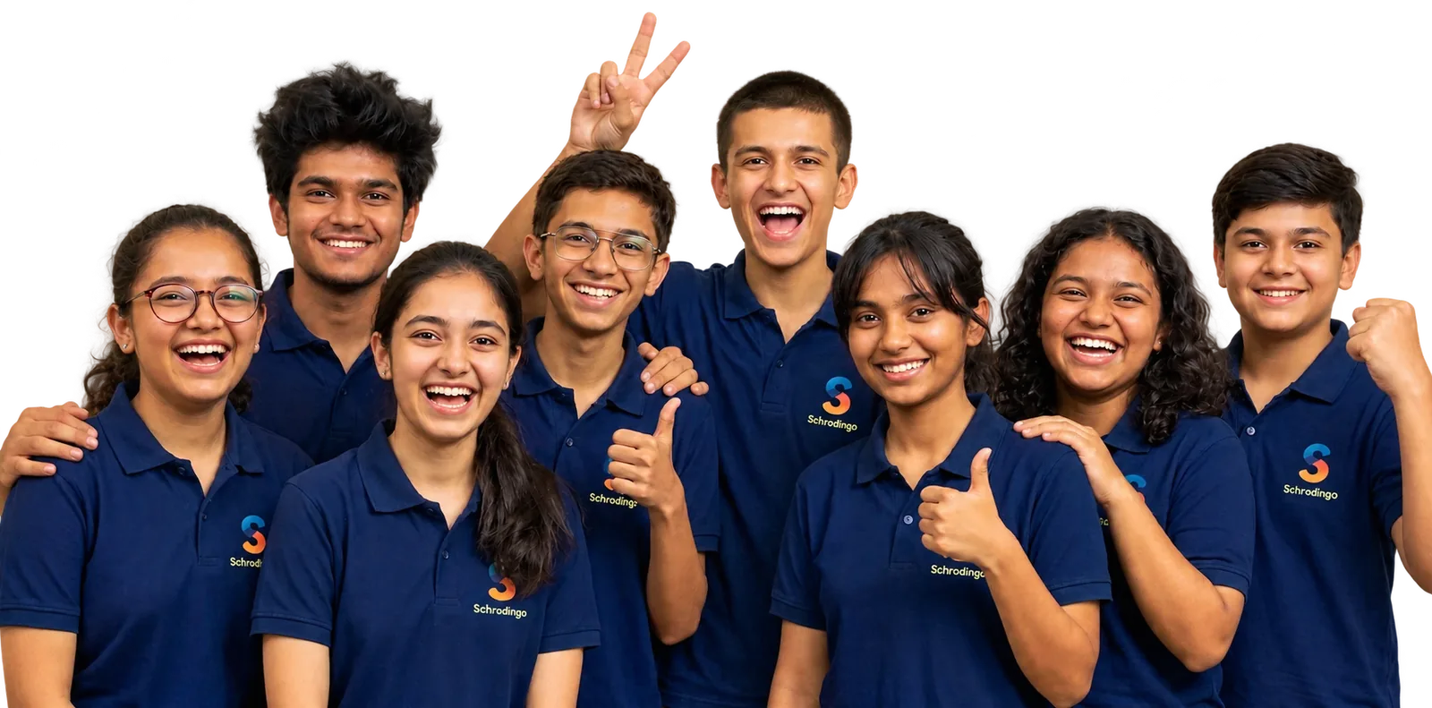 Eight Schrodingo students in navy Schrodingo polo shirts, smiling and cheering together, giving thumbs up and a victory sign